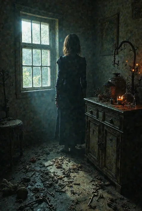 A dark room missy and have a little bit light come from a window with a lot of keys and broken on the right side there is an old and large wood box and another one inside it crystal balls 