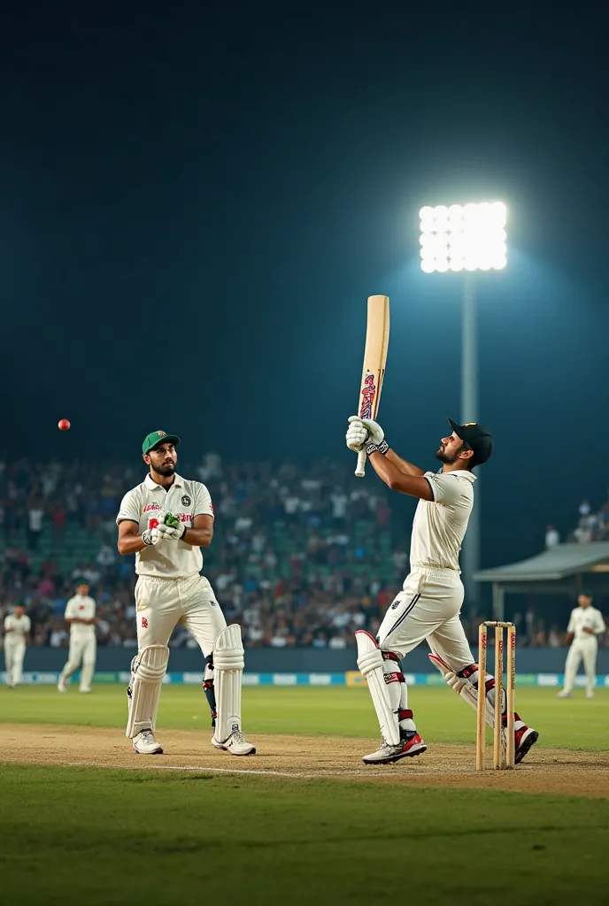 A tense cricket match unfolds under bright stadium lights. A fast bowler, wearing a determined expression, charges in with full speed, his arm swinging forward as he releases the ball. The batsman, eyes locked onto the delivery, times his shot perfectly. W...