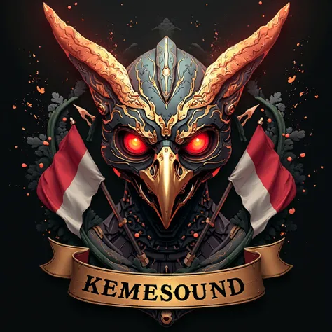 3D vector art, Garuda robot head art on the front with glowing red eyes, "KEMESOUND" writing on a gold band at the bottom, Indonesian flags on both sides, black background with splashes of dramatic scenes, ultra HD, detailed ornaments,