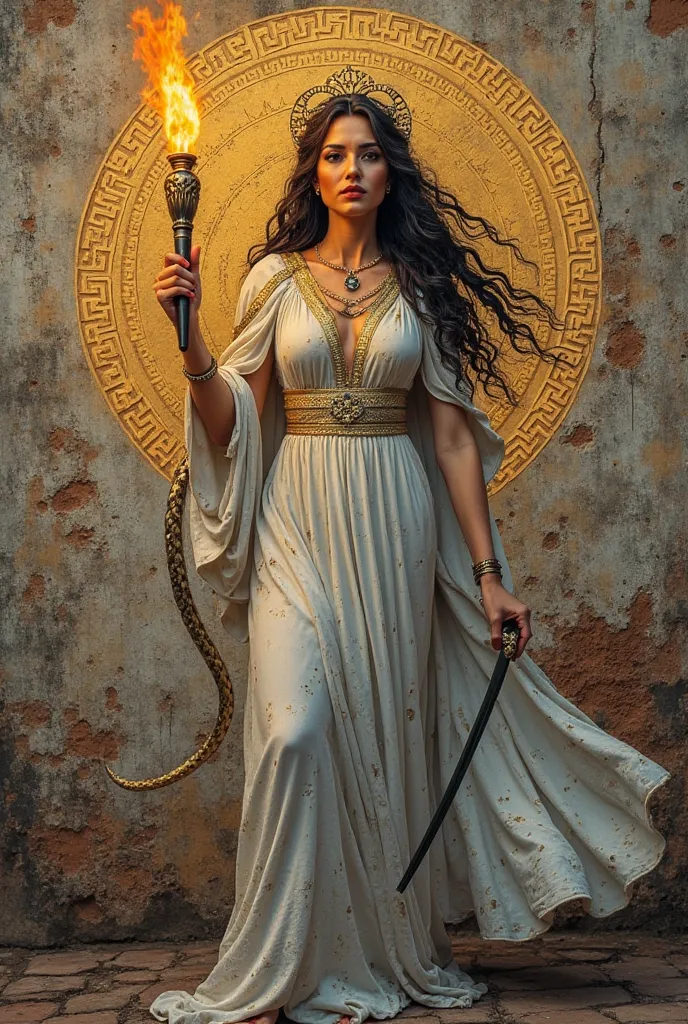 Goddess Hekate, aspect at a crossroads , Greek dress, With his torch, your key, and his dagger in his hand, looking straight ahead with a powerful and warm look, On the wall a labyrinth in a graffiti,  Greek woman, And a snake looking straight ahead