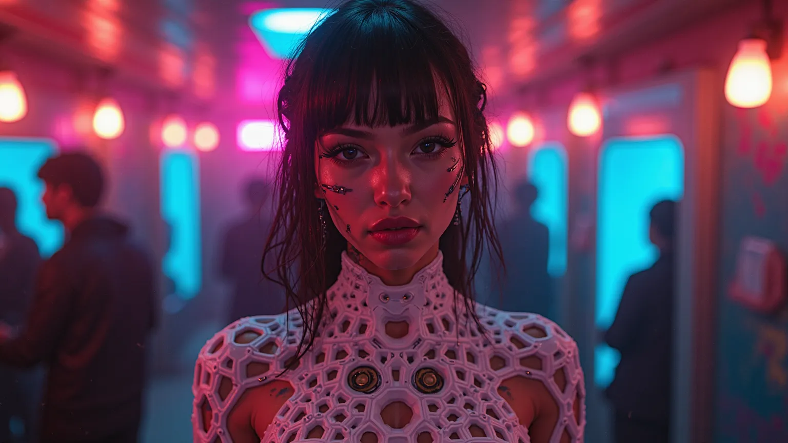 Exotic futuristic cyborg alluring female, ((age early 20s)), dystopian blade runner future, strange exotic club filled with booths and simulation pods, ((skin tight white latex full hexagon pattern advanced body suit)), ((many strange augments)), ((wide hi...