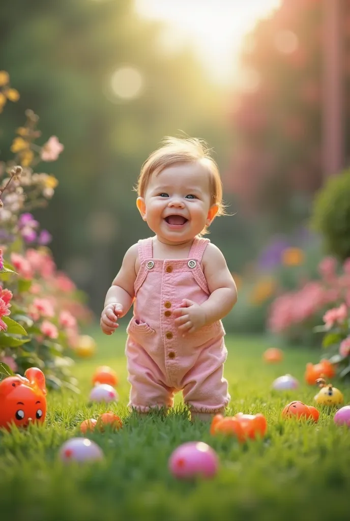 can a video of a cute baby in a garden with colorful toys around her. standing on the floor in garden with smile