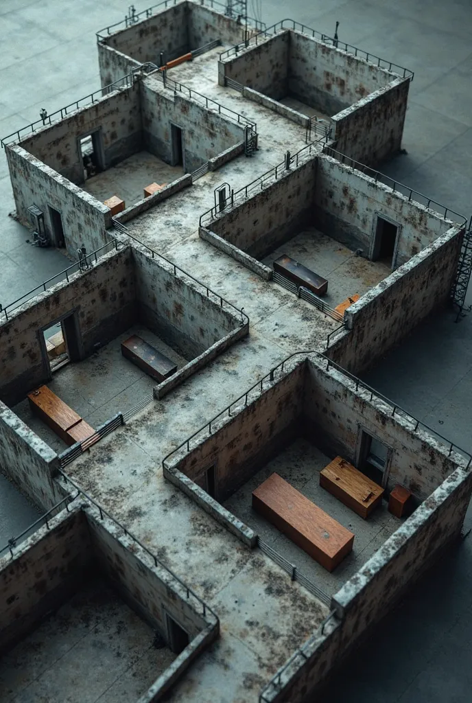 Create a 3d prison map line with each other. There must be 5 prison rooms with door opening to the next room