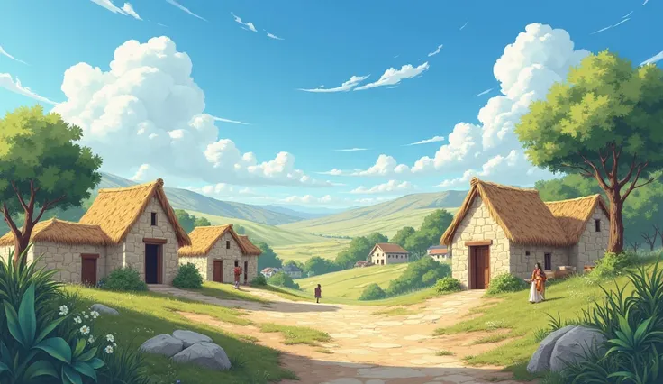 Ancient Israelite village, pastoral anime style, stone houses with thatched roofs, clear blue sky with white clouds. Soft and mystical lighting, calm and sacred atmosphere