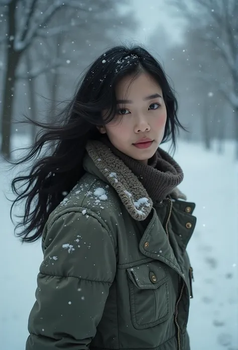 score_9, score_8_above, score_7_above, movie frame,  pretty woman, no make above, winter outfit, Blush, black hair, head tilt,  hair blowing in the wind , snow drift from the Arctic Circle,   snowing,  snowflakes , Cold, Bumps ,  Getting closer to perfecti...