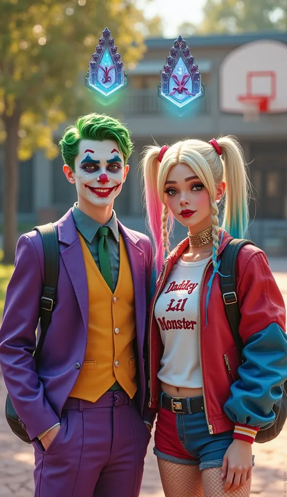 A hyper-realistic, slightly stylized image of two young men cosplaying as the Joker and Harley Quinn,  set in a modern school playground setting .  The Joker-inspired shorts have ,  natural-looking bright green hair ,  pale white facial makeup with skin-li...