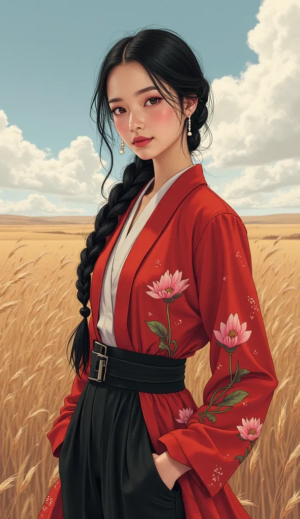 " digital illustration : . A beautiful Asian girl stands against the backdrop of an endless steppe with tall grasses and a distant horizon. Her long black hair is braided in a braid,  warm-colored leather . She is wearing a red jacket with floral patterns ...