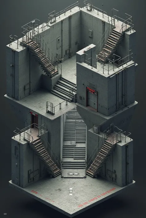 Create a 3d prison map line with each other. There must be 5 prison rooms with door opening to the next room, there must be an exit at the end