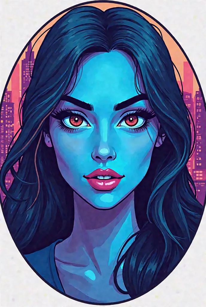 Create a logo featuring a realistic woman with open eyes in shades of blue and purple. The woman should be slightly smaller, allowing the simple city-themed background to be visible. A circular frame should surround the woman, and the colors should be vibr...