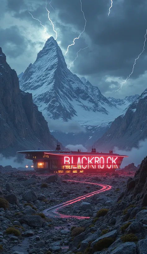 Building In Mountain Regional, On Building Written "BlackRock", In Background mountain, dark cloud with lightning, glowing neon effect , Blackrock Must Be Written On The Building 