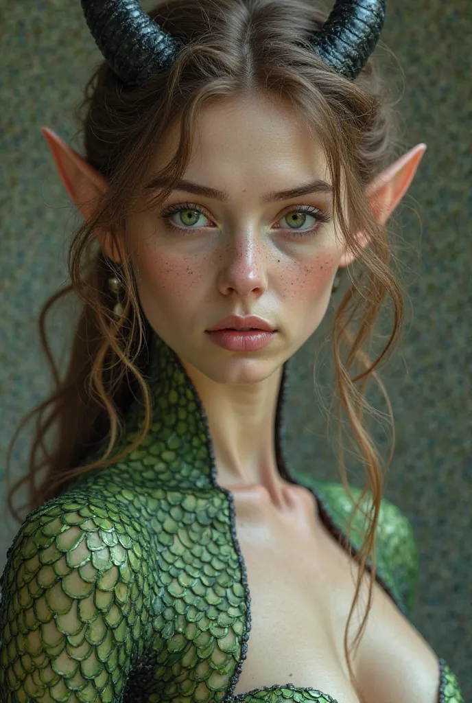 A woman with pale skin, green eyes, and light brown hair. She should have slightly curved black horns like a dragon. She should have pointed ears like an elf. The skin on her neck, the tops of her shoulders, and down the sides of her arms should be small e...