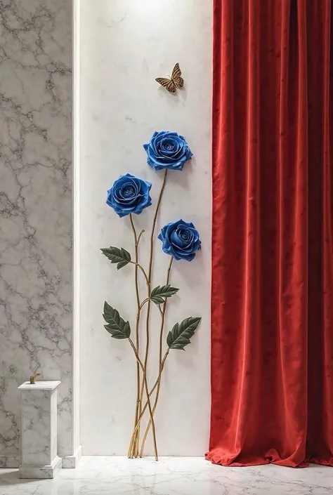 A modern, goldan farme in white tufted , minimalist red curtain, featuring three abstract blue roses with stylized leaves, two metallic butterflies attached to the fabric, against a stark marble background with clean floral lines and precise geometric patt...