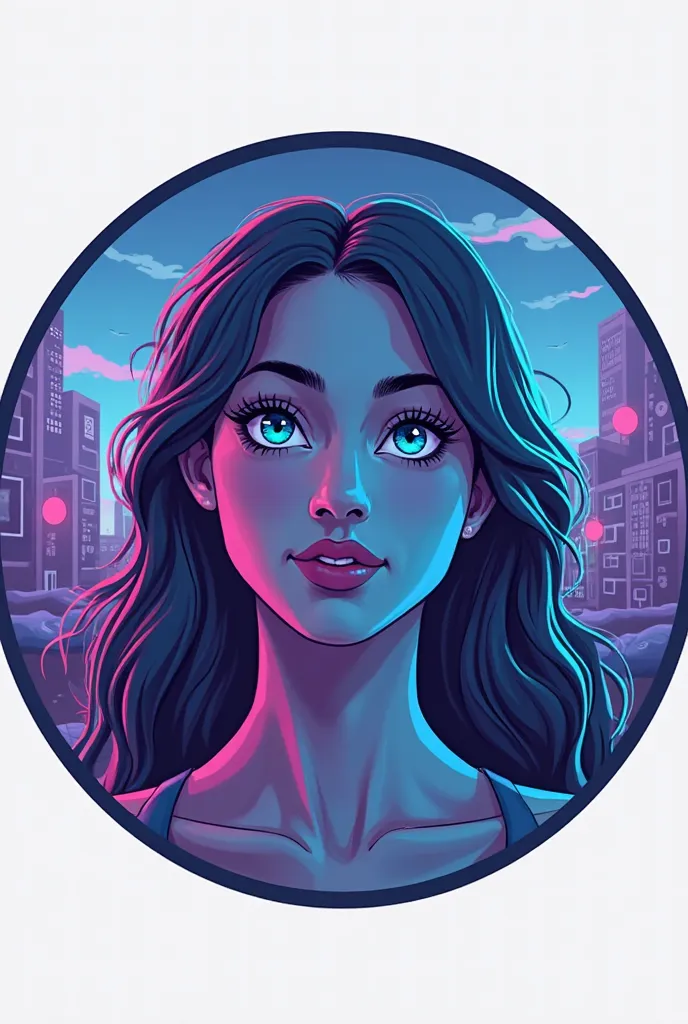 Create a logo featuring a realistic woman with open eyes in shades of blue and purple. The woman should be slightly smaller, allowing the simple city-themed background to be visible. A circular frame should surround the woman, and the colors should be vibr...