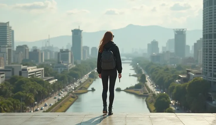 a thoughtful casually dressed well-built young woman walking around with a backpack in a spacious modern equatorial city and glimpsing views of a beautiful alternate world, all-black clothes, knee-high boots, vast open space, wide streets, river, island, h...