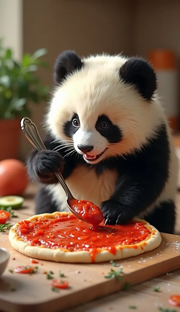 ইমেজ ৪: পান্ডা পিজ্জার উপর সস দিচ্ছে

"A small, cat-sized panda carefully spreading tomato sauce on a round pizza dough using a spoon. Its fluffy black-and-white fur contrasts with the red sauce, and it looks happy while working. The scene includes cheese,...