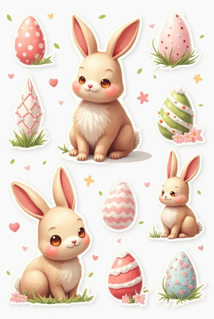 A set of illustrations on white background, easter candies, chocolates in shapes of bunnies, pale palette colors. Lots of isolated illustrations on one canvas. Sticker textured style. 