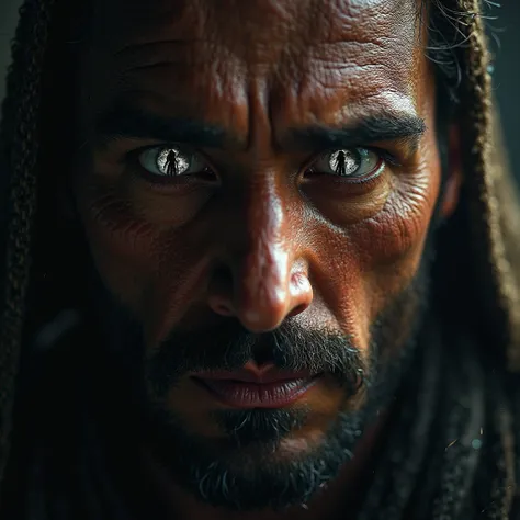 Close-up of a Persian warrior's terrified eyes, reflecting a monstrous shadow, cinematic lighting, high tension, ultra-realistic, dramatic depth of field, 4K, Hollywood-style