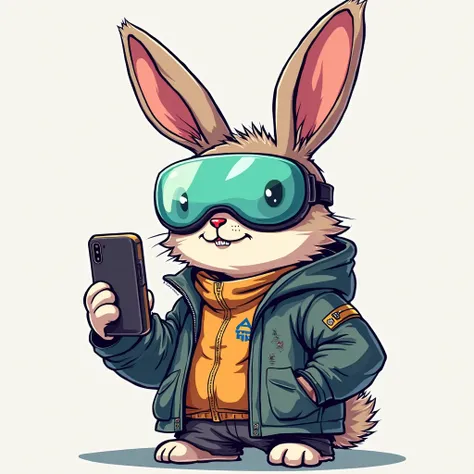 Create an anime-style cartoon of a rabbit that integrated advanced technology into its biology, such as cybernetic implants or genetic modification to enhance your cognitive abilities, physical, and longevity. holding a phone, he has a stronger and more ag...