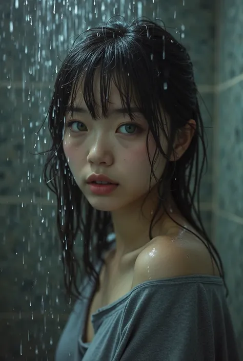 high quality, detailed,she is taking a shower,lots of white water droplets.she has a sexy look(at night:2.0),green eyes.she is ************ japanese gal,prostitute,in the shower room,she has a mole under her eye,(very very small breasts),(wearing long slee...