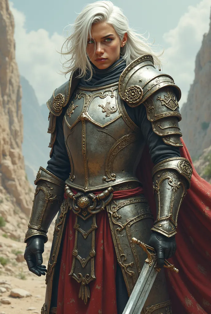 I want a warrior with medium-length white hair, green eyes, a boy who looks 18 years old, full metal armor with the helmet as well, resting a sword on the ground with both hands 