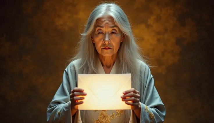 An elderly Asian woman, with long, flowing, light gray hair, holds a white envelope in her hands. She is centered in the frame and is facing the viewer directly. Her expression is serious and contemplative. Her skin is light and shows signs of age. She wea...