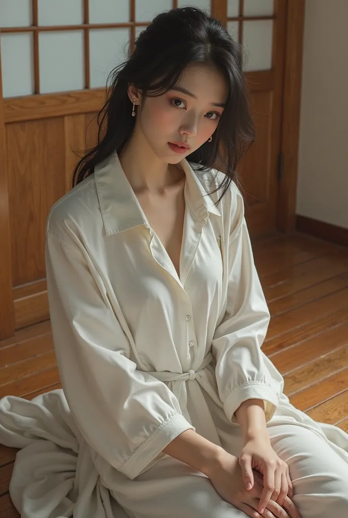 a close up of a woman sitting on a wooden floor, a photorealistic painting by Kinichiro Ishikawa, featured on reddit, shin hanga, japanese model, japanese goddess, beautiful asian girl, asian girl, clothed in white shirt, young sensual gravure idol, korean...