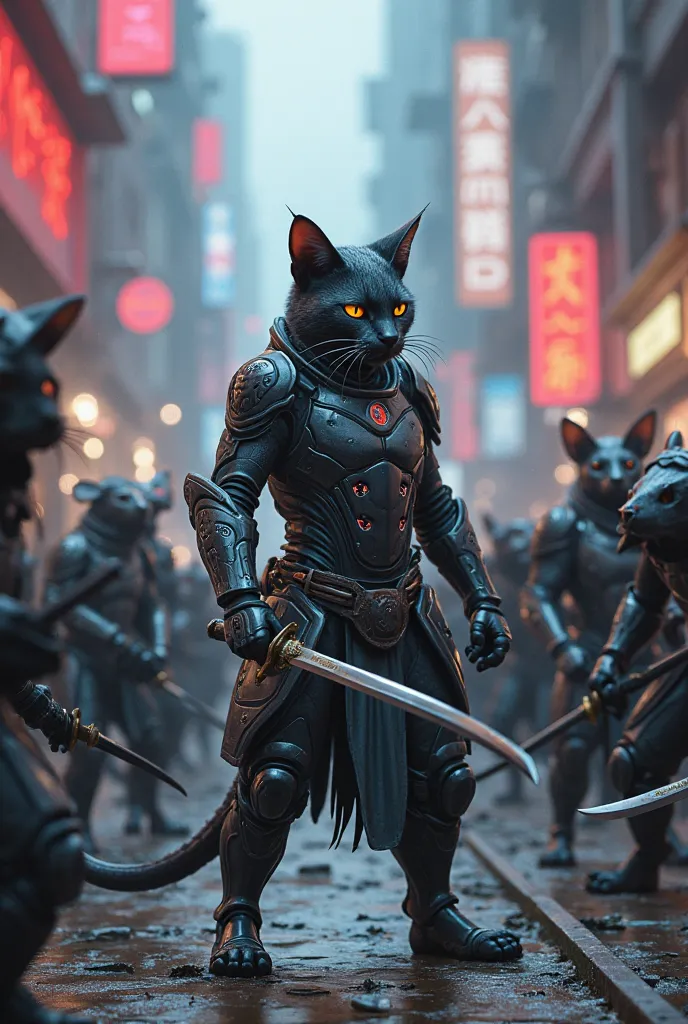 An armored cat from the future with ,a ninja sword ,Faced with rats with ultra advanced armor 