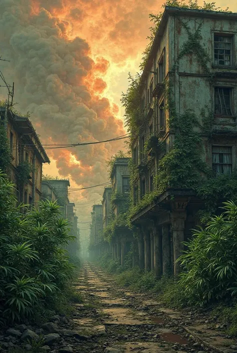 Image of a street building with an apocalyptic sky and smoke around with cannabis leaves