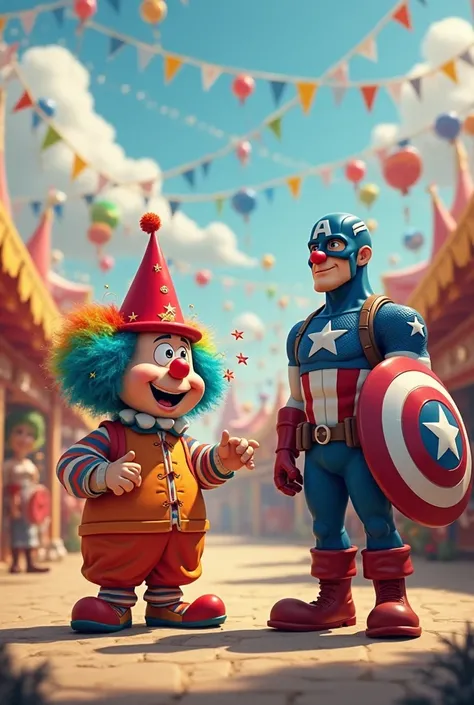 Create a cartoon dwarf clown character and place Captain America next to him