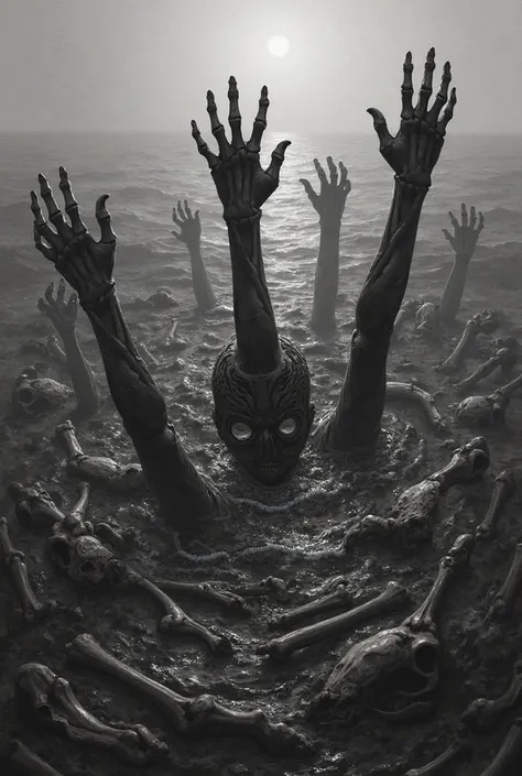 Surface of a sea with some skulls and skeletons from which come out some hands of flesh and blood that appear to be those of a person who drowns in black and white and drawing