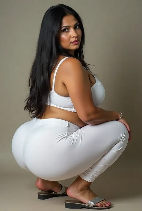 Indian bbw woman,45 age, indian actress shakeela face, white skin with very long straight black hair, huge very big booty, strong legs, big round ass, wears a white leggings and white bra. silver rubber flip flops with rubber heels, she shows her huge very...