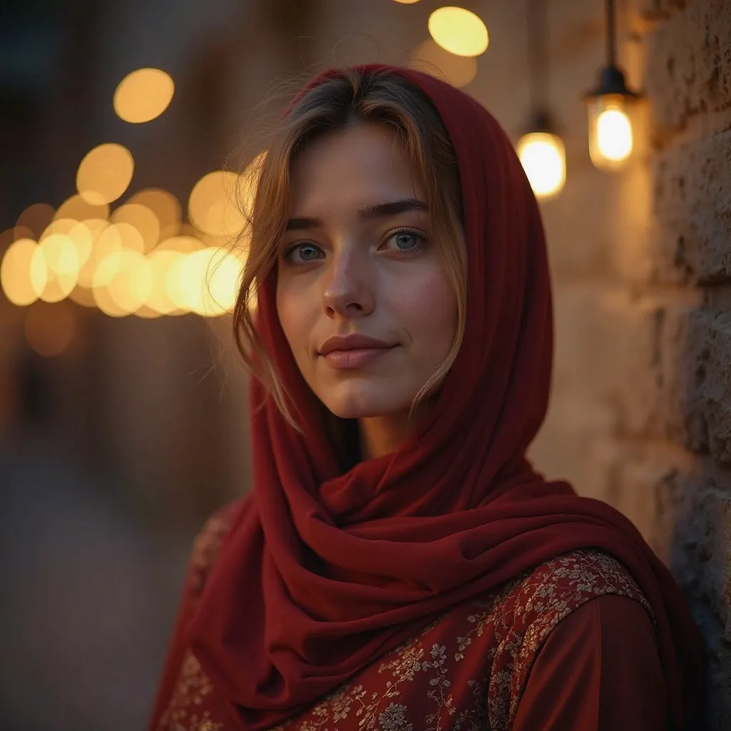 Create for me a photo of a beautiful, Egyptian, attractive girl who is eye-catching with blue eyes, wearing hijab, modern clothes, white skin, and very soft hair, fixed including her shine with main cinematography, enjoying Ramadan time in Egypt, night, ra...