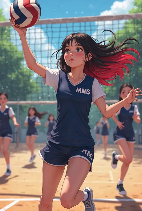 Create a white girl playing volleyball at school with her roots of black hair and red tips around school people in uniforms and with white sleeves and dark blue blouse with realistic MMS acronym