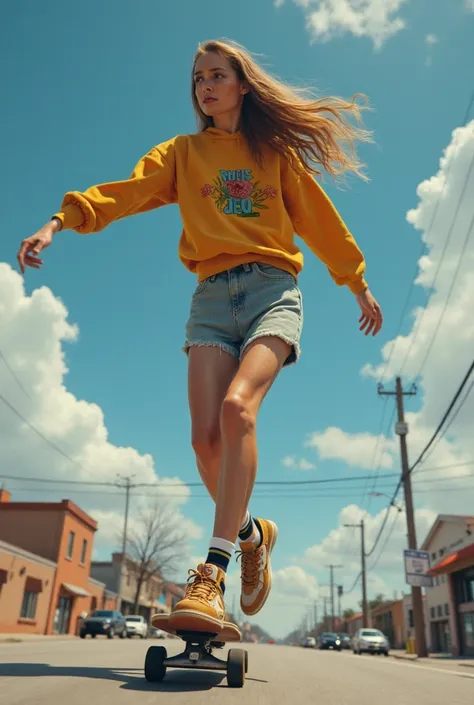 arafed woman riding a skateboard down a street with a sky background, a photorealistic painting by Arik Brauer, trending on cgsociety, hyperrealism, skateboarding, skateboard, skateboarder style, action sports, realism art style, riding a skateboard, actio...