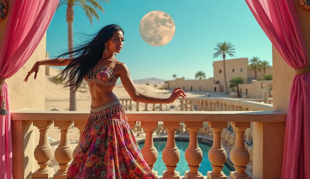 A woman of brown complexion, appearing to be in her late twenties or early thirties, is dancing a belly dance. She is positioned on a balcony, slightly off-center to the left side of the frame.  She is wearing a traditional belly dance costume; a colorful,...