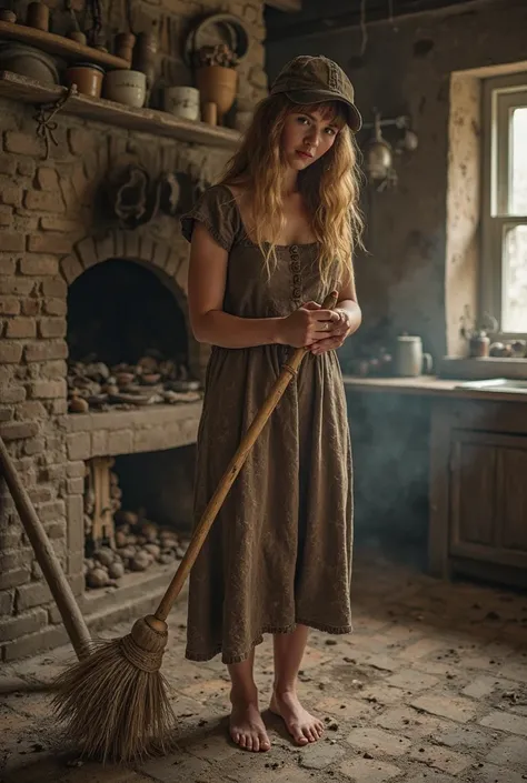 Cinderella, All dirty, sweeping the stone duel of an old kitchen, near the wood oven. Dirty brown dress, Dirty face of soot and dirt, dirty hair, fatty, Capped, Long with bangs , light brown. barefoot.  