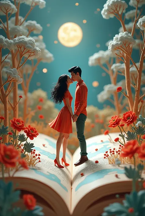 (pop up book, Minimalism:1.2),  this is mistic magic book „PLANETA HARMONII”
Its memory create by one brunette long hair sexy girl and her husband buzz cut black haired man , from the open book flow landscapes plants beautiful flowers and couple of love in...