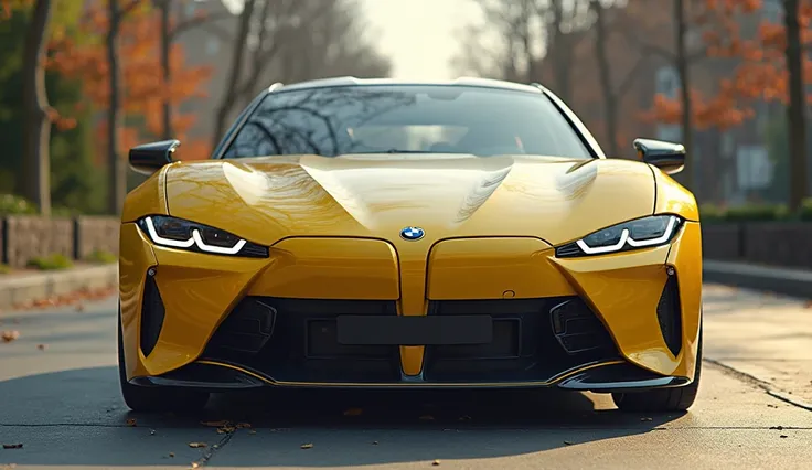 viualize the front side view of the 2025 BMW M9 in yellow shinning colour with a sleek modern luxurious look, its stunning ,modern ,futuristic and sporty exterior design illuminated with luxury nature backgroud and captivating presence and make the car ful...