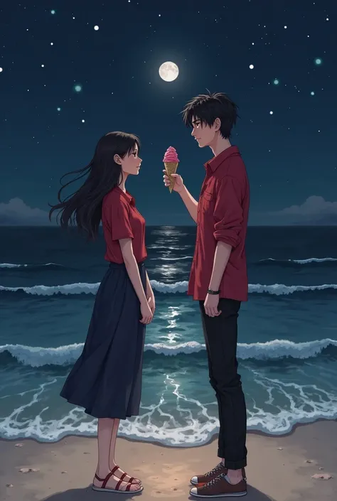 "At a beach at night, under the dark sky, a man and his woman stand together. Both are dressed in matching outfits—a red shirt and black pants. The woman, craving ice cream, looks at him with anticipation. The man, holding the ice cream he just bought for ...