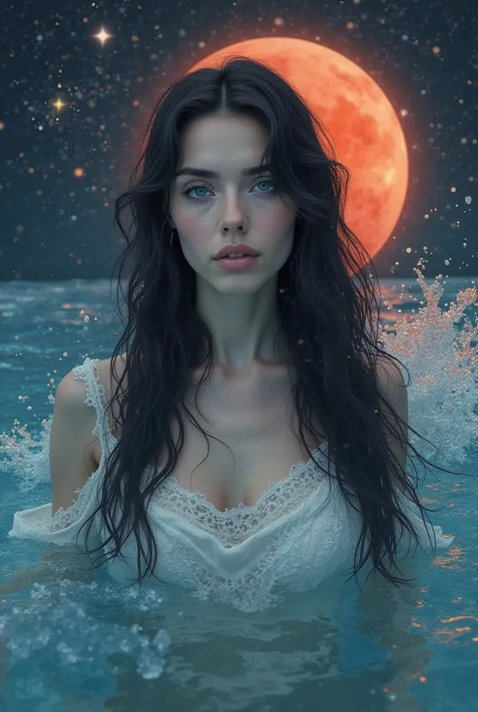 Creamr of a woman with white skin, blue eyes and long black hair inside the sea and the ocean representing the sign of Cancer and in the background of it is the bright red planet Mars with the universe. 