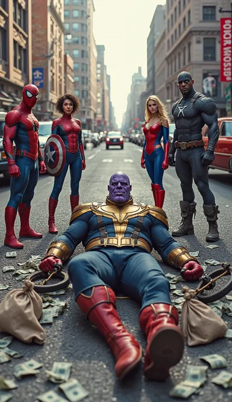 Thanos is tied up in Spider-Man's web, lying on the ground with his old, broken bike next to him. The bike's bell is ringing softly. Bags of stolen money are scattered around him, with some bills floating in the air. Surrounding Thanos are the superheroes ...