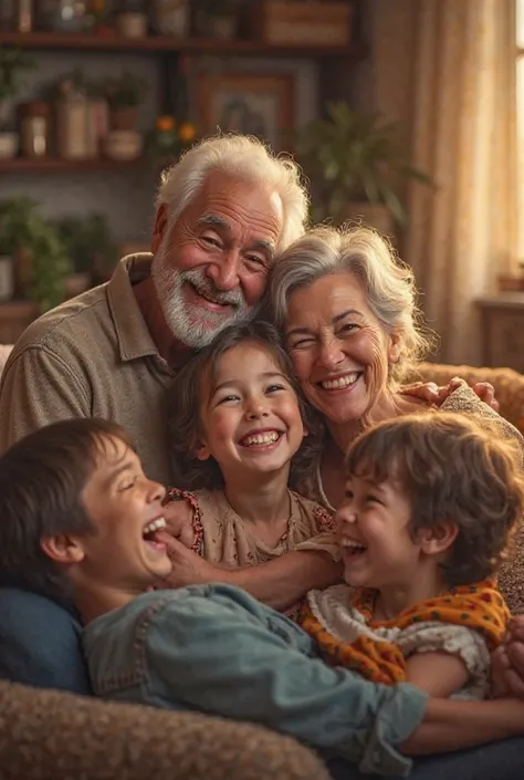 A picture of a happy family with elderly people