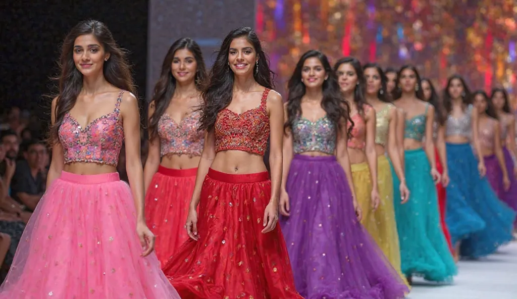 A group of young women, likely of South Asian descent, are featured in a fashion show.  They are positioned in a staggered line, moving across the stage. Each woman is wearing a colorful, traditional Indian-style lehenga choli. The lehengas are various vib...