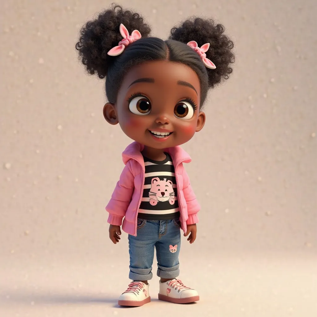 une petite fille dominicaine  avec des cheveux bouclés et longs style Pixar Disney. La fille porte un serre-tête avec des oreilles de chat roses et blanches. Elle est habillée d'un gilet rose, d'un t-shirt rayé noir et blanc avec des motifs de chats, d'un ...