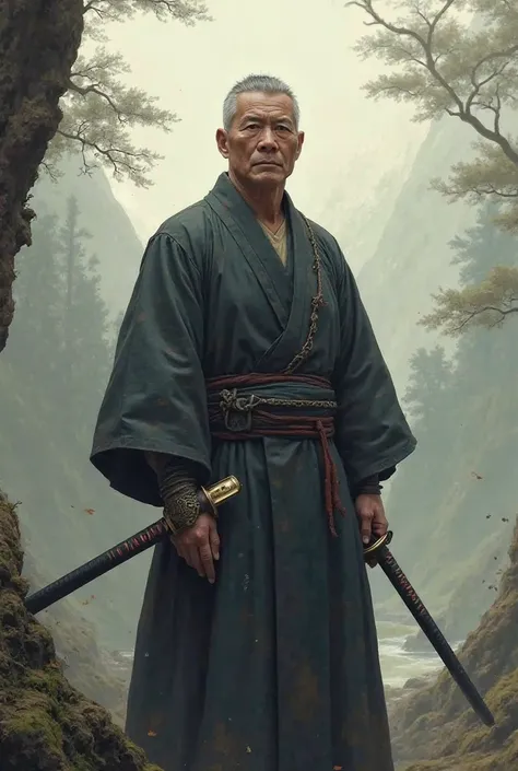 Anime man He has short gray hair and carries a sword and a swordHe has short gray hair and holds a sword and he has 40 year 