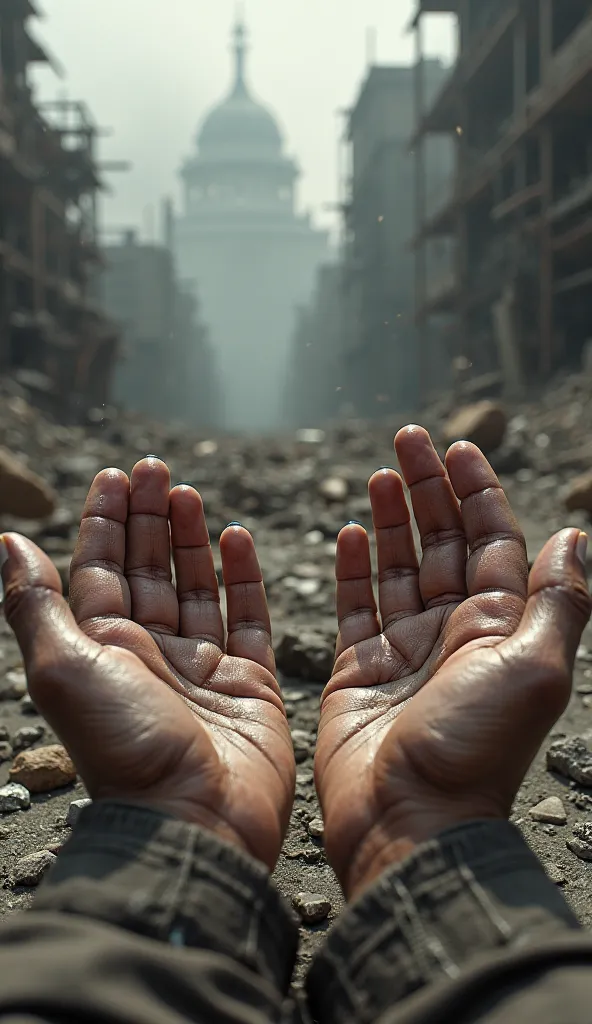 create a hyper realistic POV image prompt point of view. The hands of a man waking up in a destroyed habitat