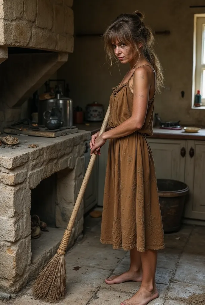 Cinderella, The one in the story, All dirty, sweeping the stone duel of an old kitchen, near the wood oven. Dirty brown dress, Dirty face of soot and dirt, dirty hair, second,  disheveled, Long with bangs , light brown.  barefoot.  