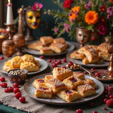 on a table elements of the Jewish holiday of Purim, with desserts
