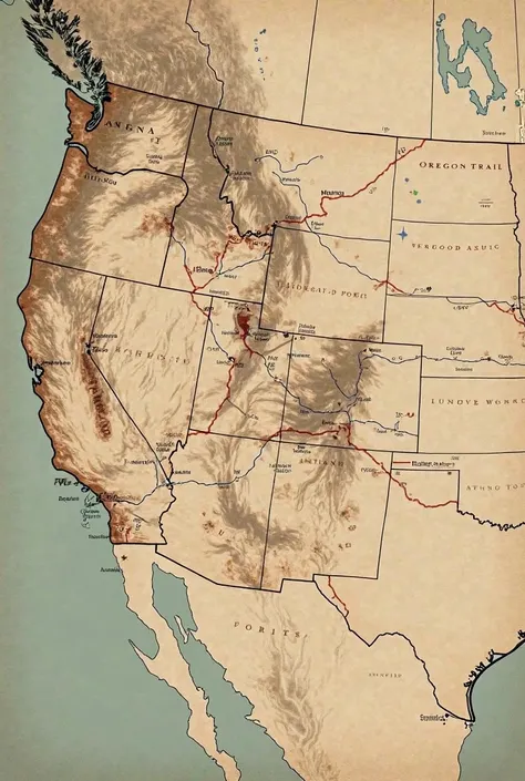 A map of the United States with the Oregon Trail highlighted, and a fading image of Native American territory.