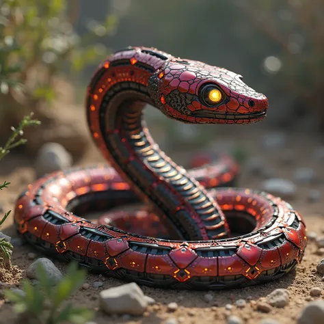 Make image realstic A real mechanical snake with Spiderman's Red,Black and Golden color costume design. Natural snake animal style.